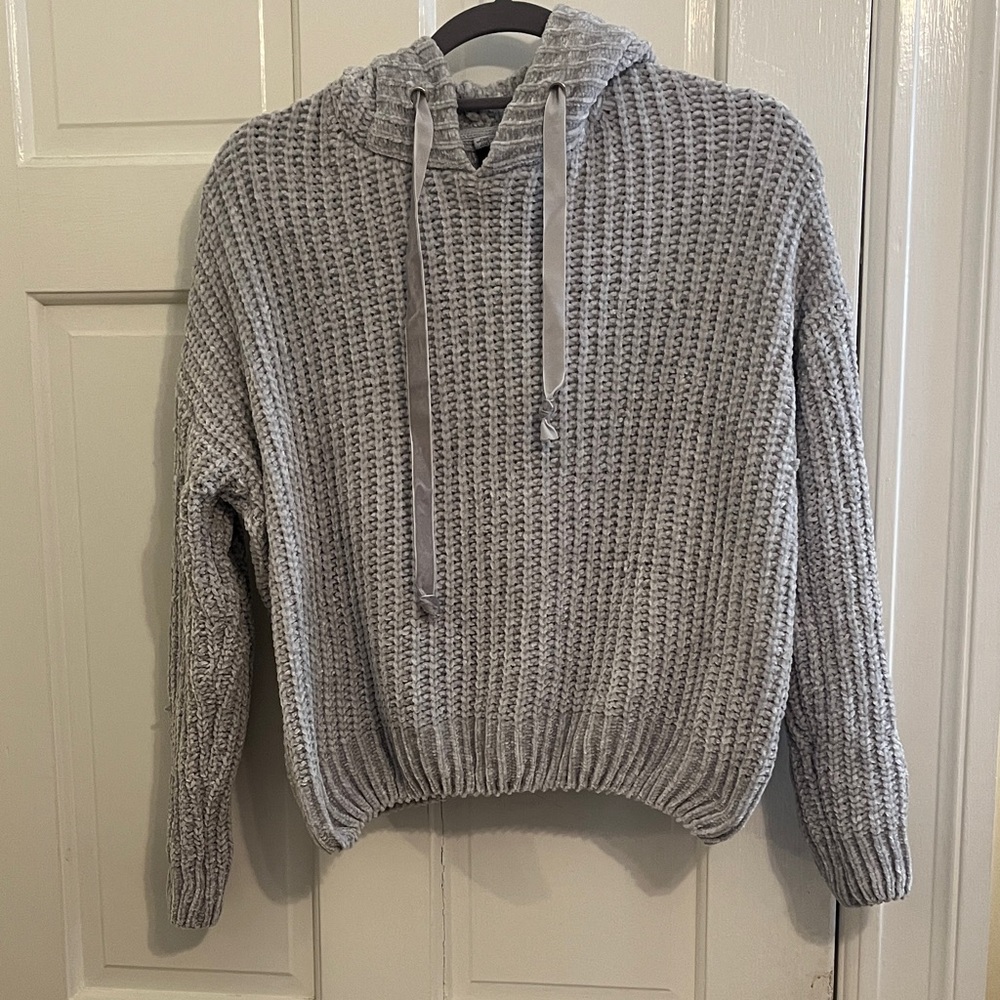 Lord and Taylor Design Lab Soft Crocheted Gray Sweater with Hood and Ribbon